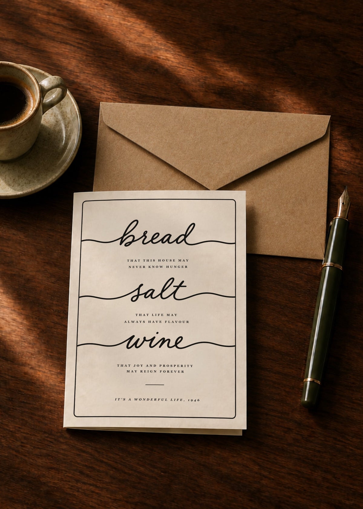 Bread Salt Wine housewarming card with kraft envelope, coffee and pen on a dark wooden table.