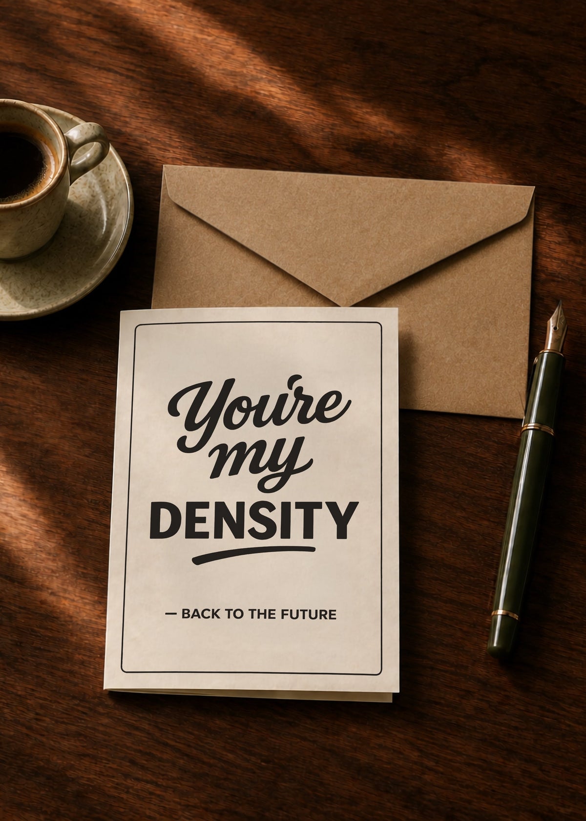 You’re My Density romantic card with kraft envelope, coffee and pen on a dark wooden table.