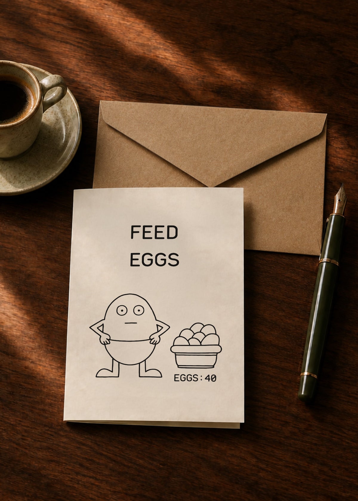 Feed Eggs greeting card and kraft envelope on a dark wooden table beside coffee and a fountain pen.