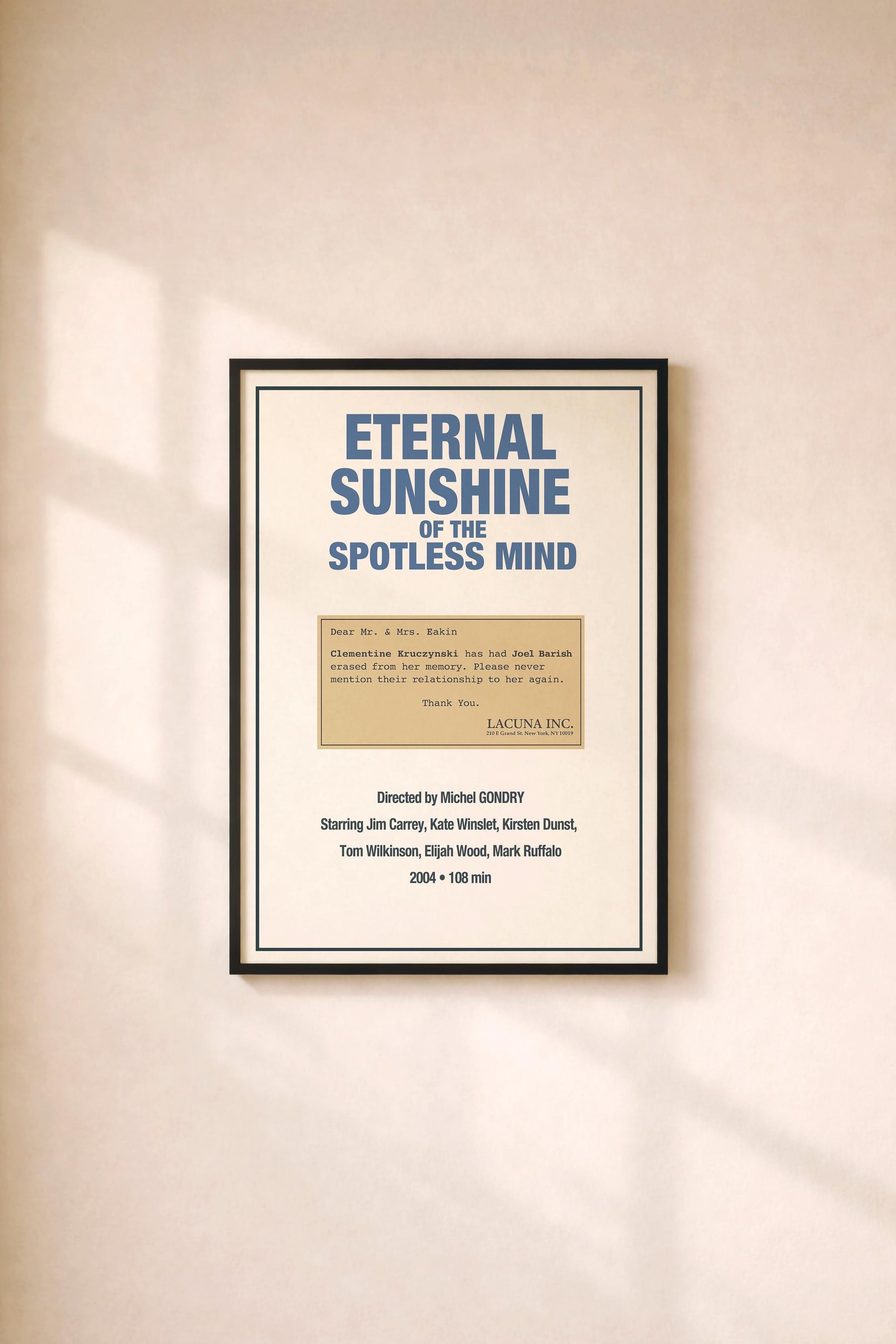 Eternal Sunshine Of The Spotless Mind Minimalist Movie Poster – Lacuna Inc Letter Illustration, Indie Film Print – Giclée Cinema Wall Art