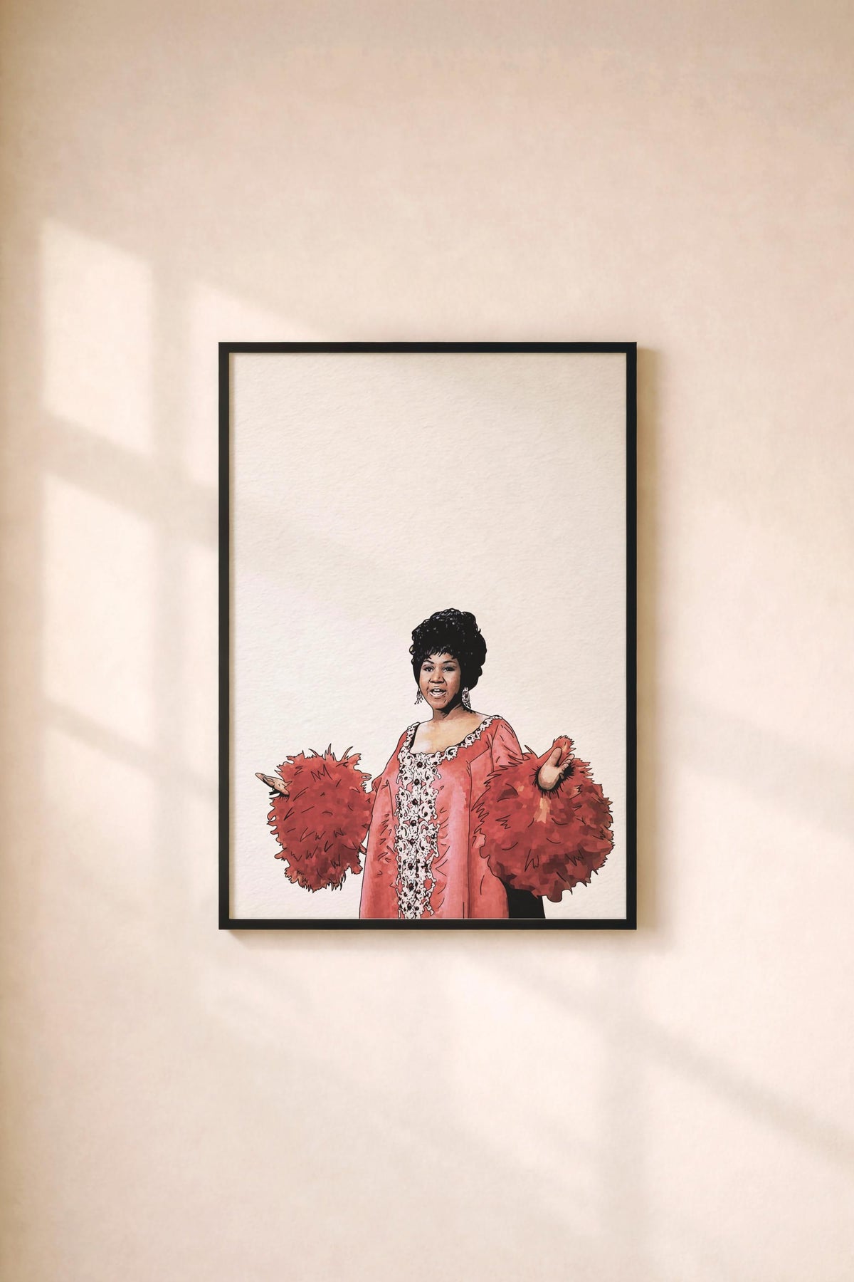 Aretha Franklin Red Feather Dress Portrait – Soul Music Icon Giclée Print