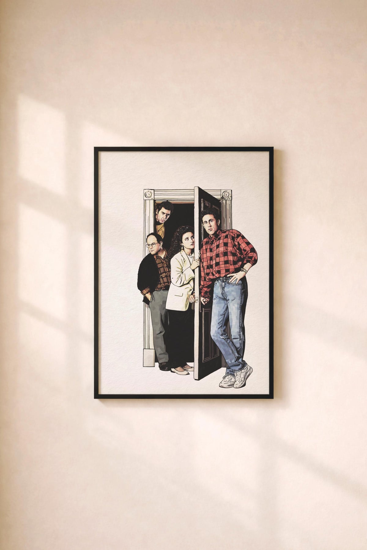 Seinfeld Doorway Portrait Print – Jerry, Elaine, George, Kramer – Minimalist TV Wall Art, Cult Sitcom Illustration Poster