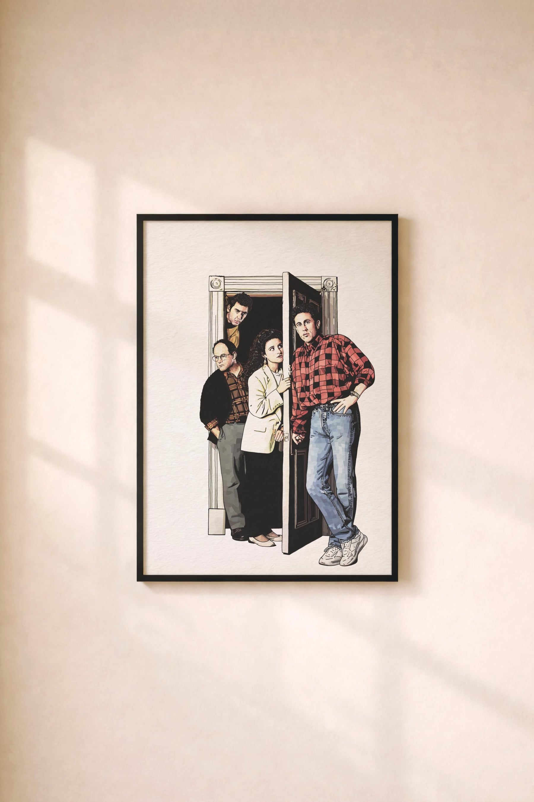 Seinfeld Doorway Portrait Print – Jerry, Elaine, George, Kramer – Minimalist TV Wall Art, Cult Sitcom Illustration Poster