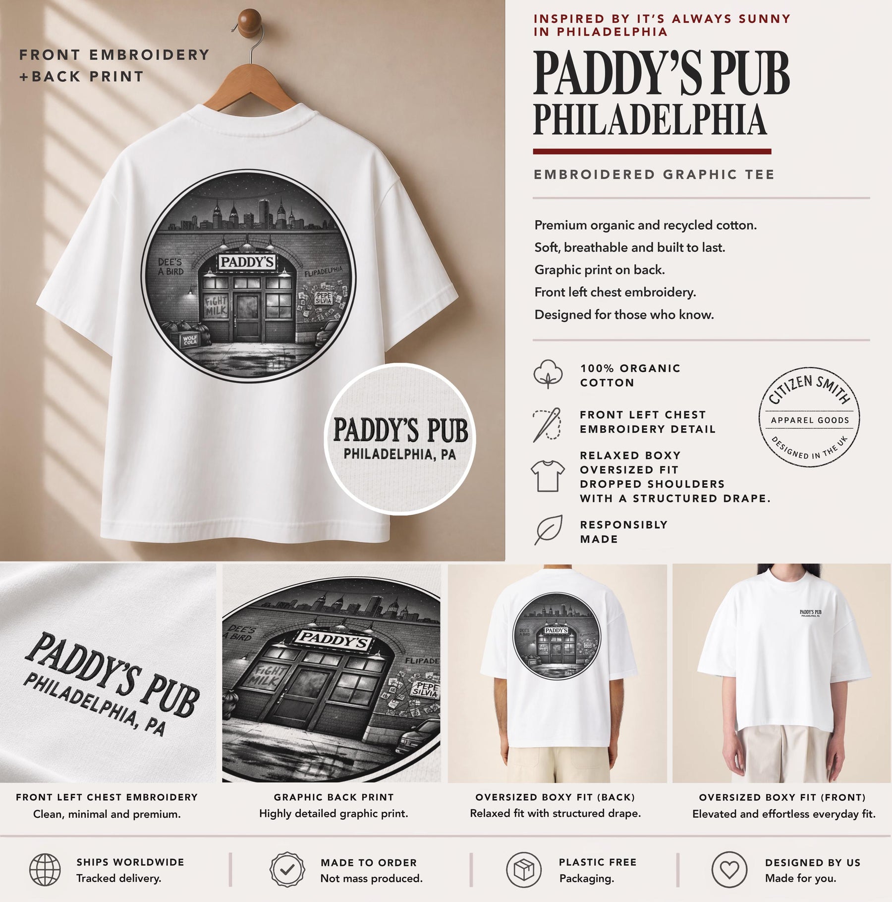 Paddy's Pub Embroidered T-Shirt – It's Always Sunny In Philadelphia Inspired Premium Organic Cotton Oversized Boxy Printed Graphic Tee — image 2