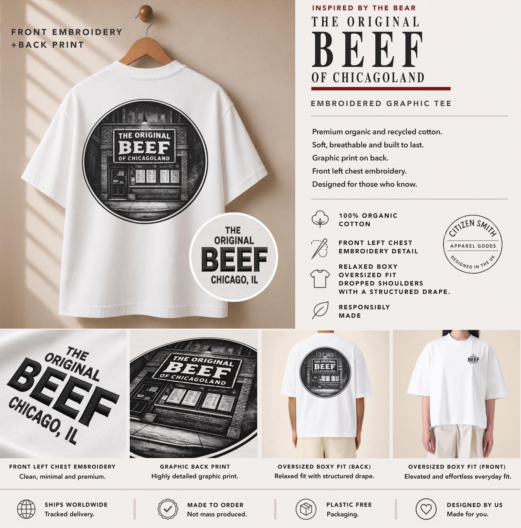 The Original Beef of Chicagoland Embroidered T-Shirt – The Bear Inspired Premium Organic Cotton Oversized Boxy Printed Graphic Tee — image 2