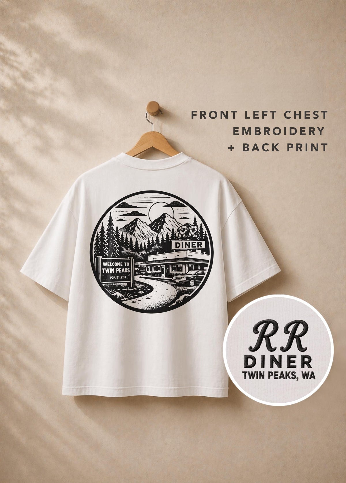 RR Diner Twin Peaks Inspired Embroidered T-Shirt – Double R Diner Premium Organic Cotton Oversized Boxy Printed David Lynch Graphic Tee