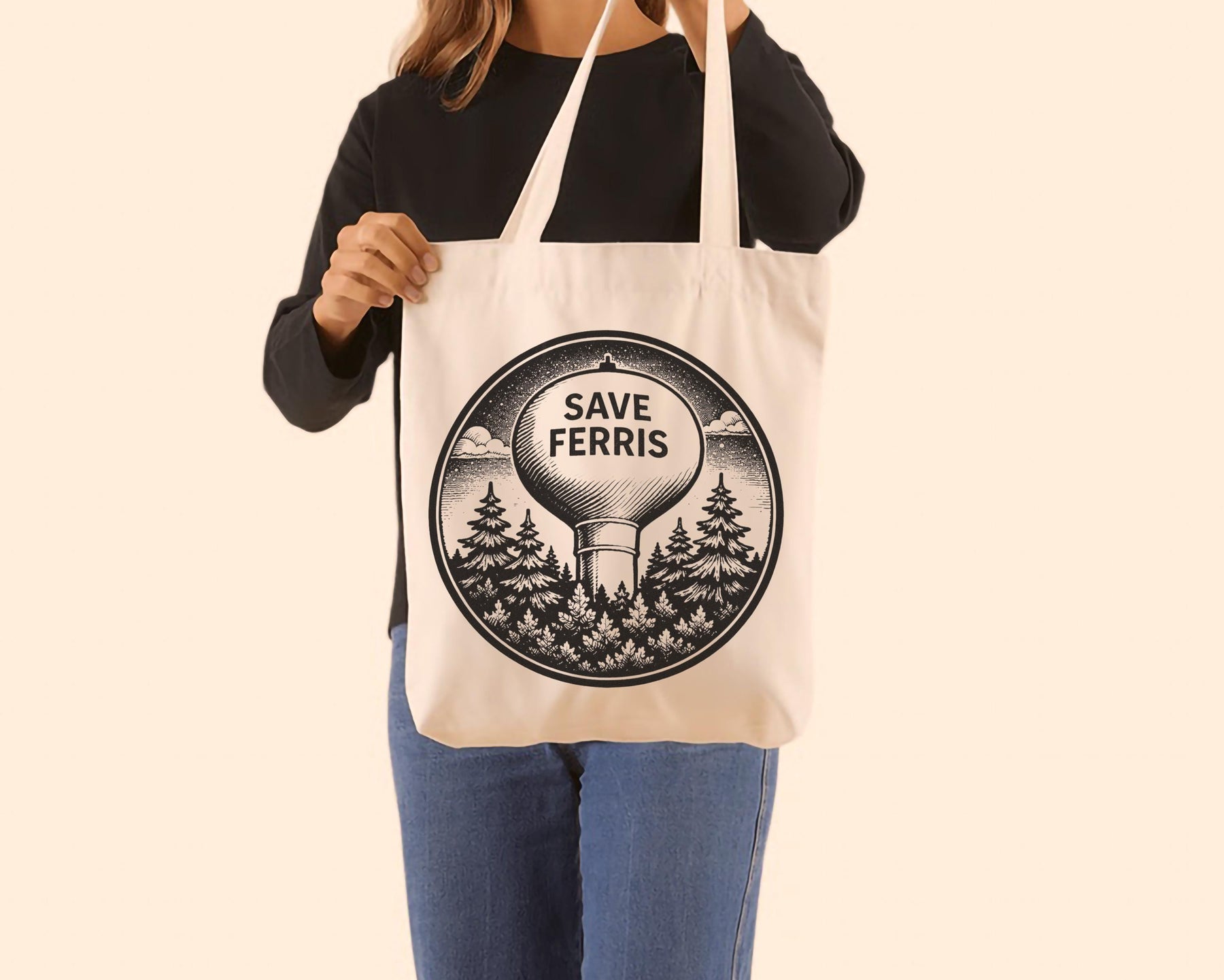 Save Ferris Water Tower Tote Bag – Film Fan Graphic Canvas Bag — image 7