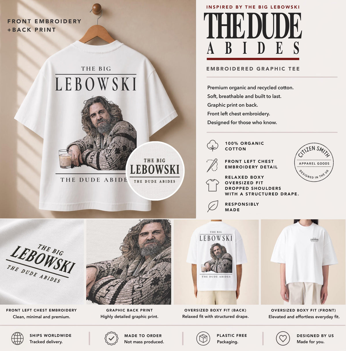 The Dude Abides Embroidered Graphic T-Shirt – The Big Lebowski Inspired Premium Organic Cotton Oversized Boxy Printed Tee — image 2