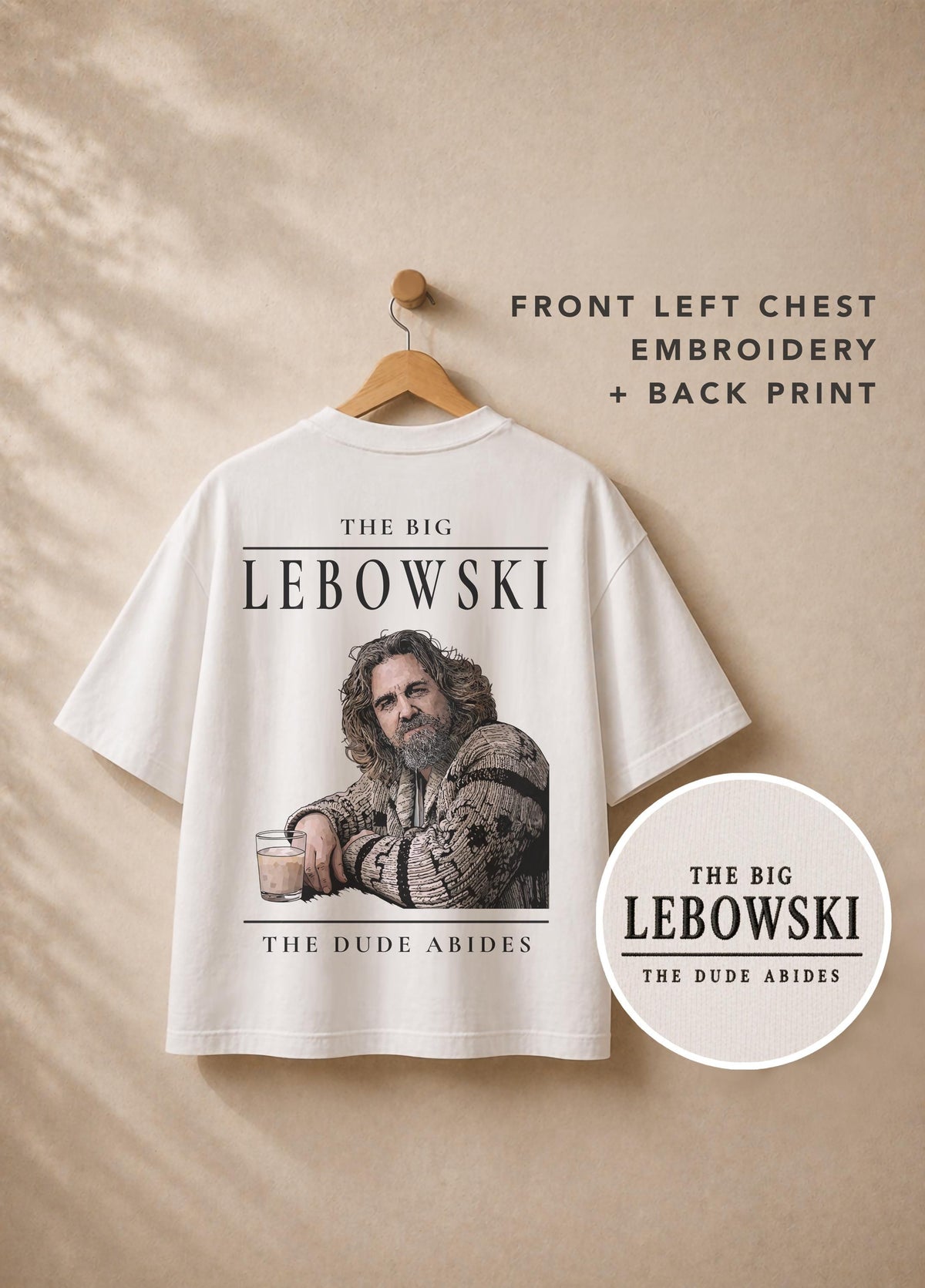 The Dude Abides Embroidered Graphic T-Shirt – The Big Lebowski Inspired Premium Organic Cotton Oversized Boxy Printed Tee