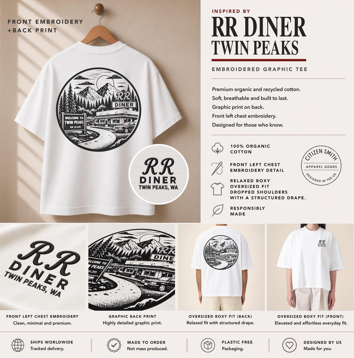 RR Diner Twin Peaks Inspired Embroidered T-Shirt – Double R Diner Premium Organic Cotton Oversized Boxy Printed David Lynch Graphic Tee — image 2