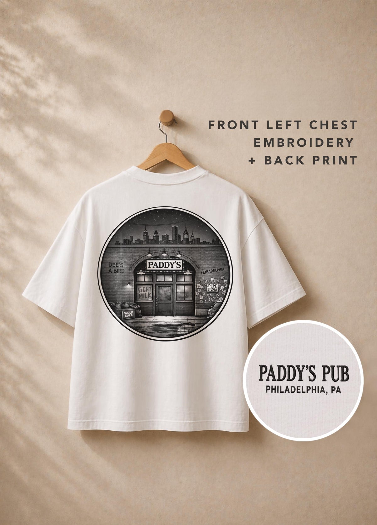 Paddy's Pub Embroidered T-Shirt – It's Always Sunny In Philadelphia Inspired Premium Organic Cotton Oversized Boxy Printed Graphic Tee