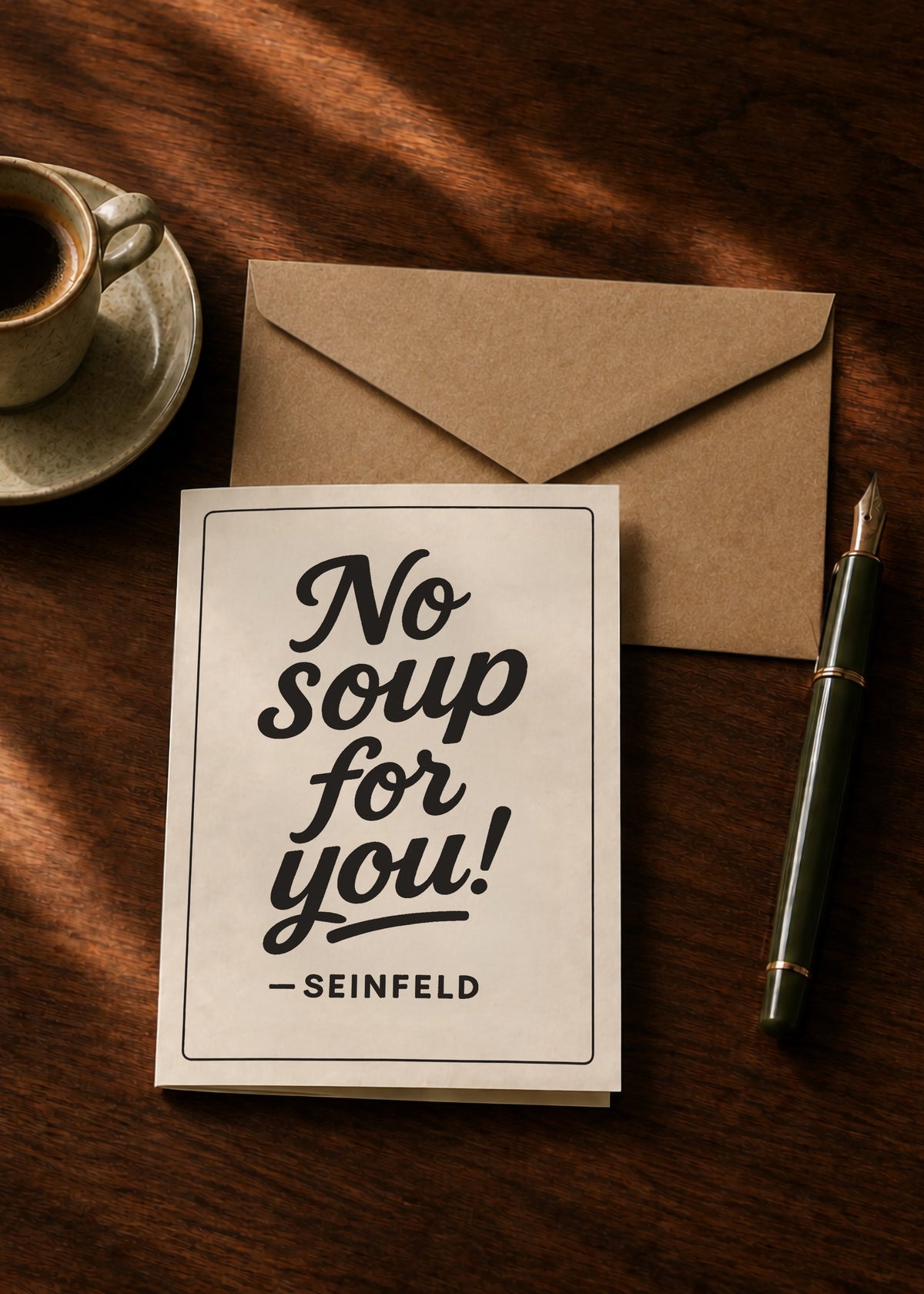 No Soup for You Seinfeld greeting card with kraft envelope, coffee and pen on a dark wooden table.