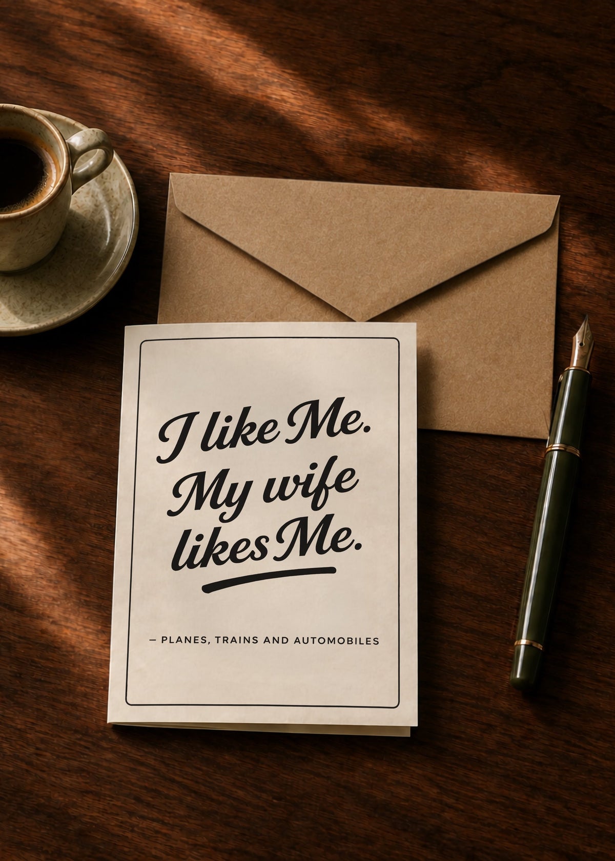 I Like Me, My Wife Likes Me card with kraft envelope, coffee and pen on a dark wooden table.