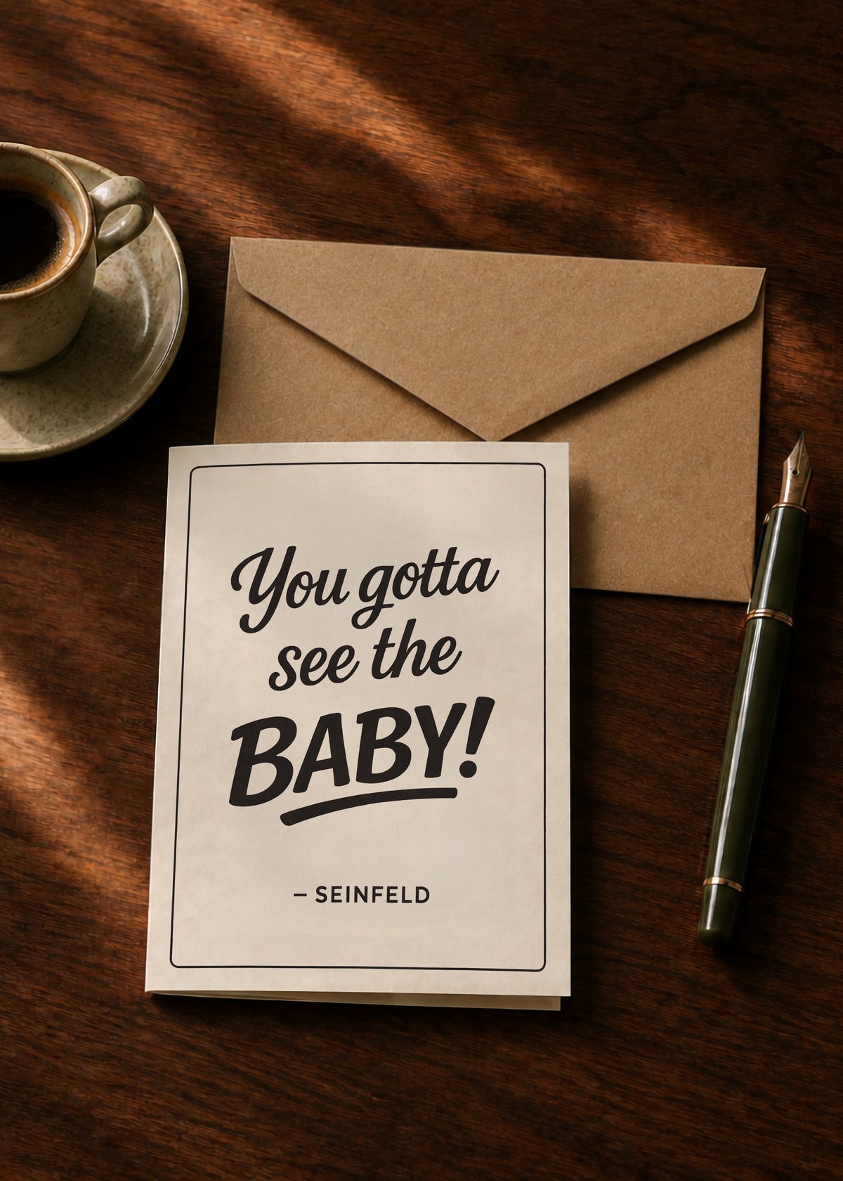 You Gotta See the Baby Seinfeld card with kraft envelope, coffee and pen on a dark wooden table.